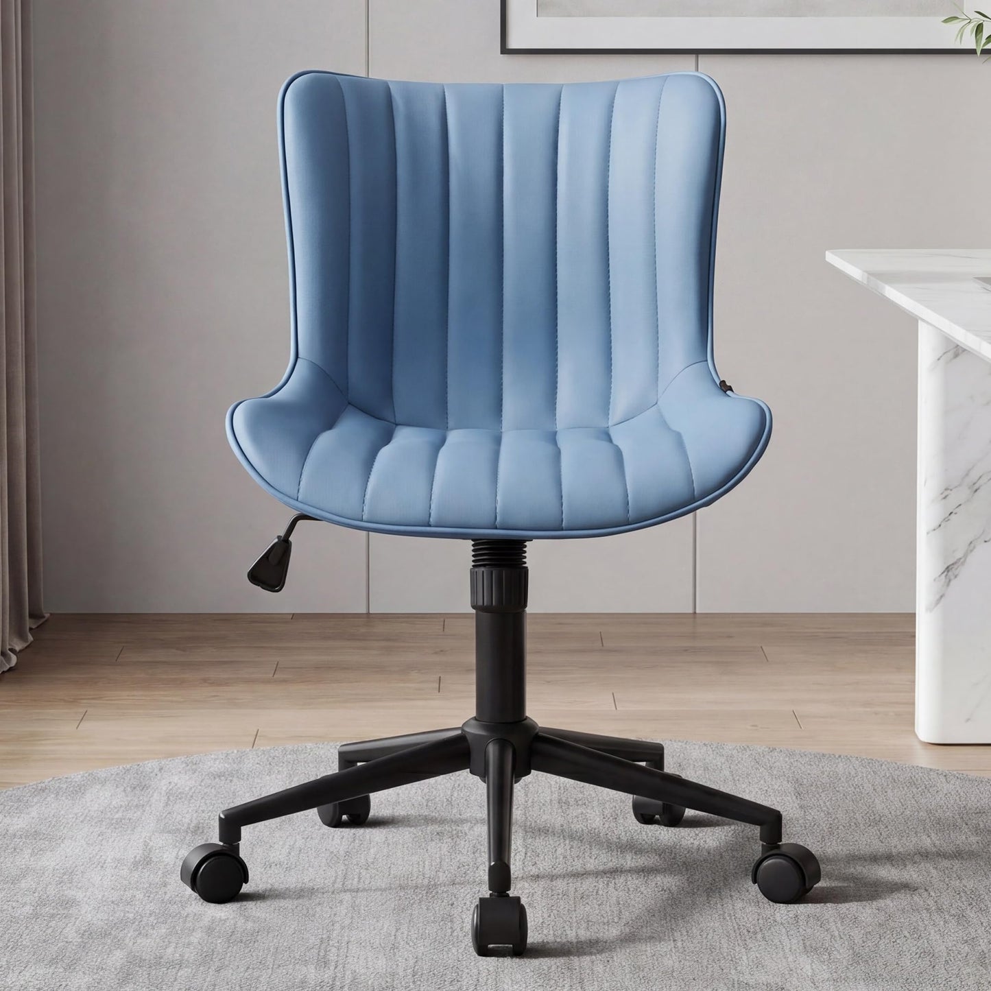 Kidol & Shellder Blue Leather Home Office Desk Chair with Wheels Modern Cute Armless Executive Swivel Vanity Chair with Comfy Padded Back Ergonomic Rolling Adjustable Computer Task Chair Small