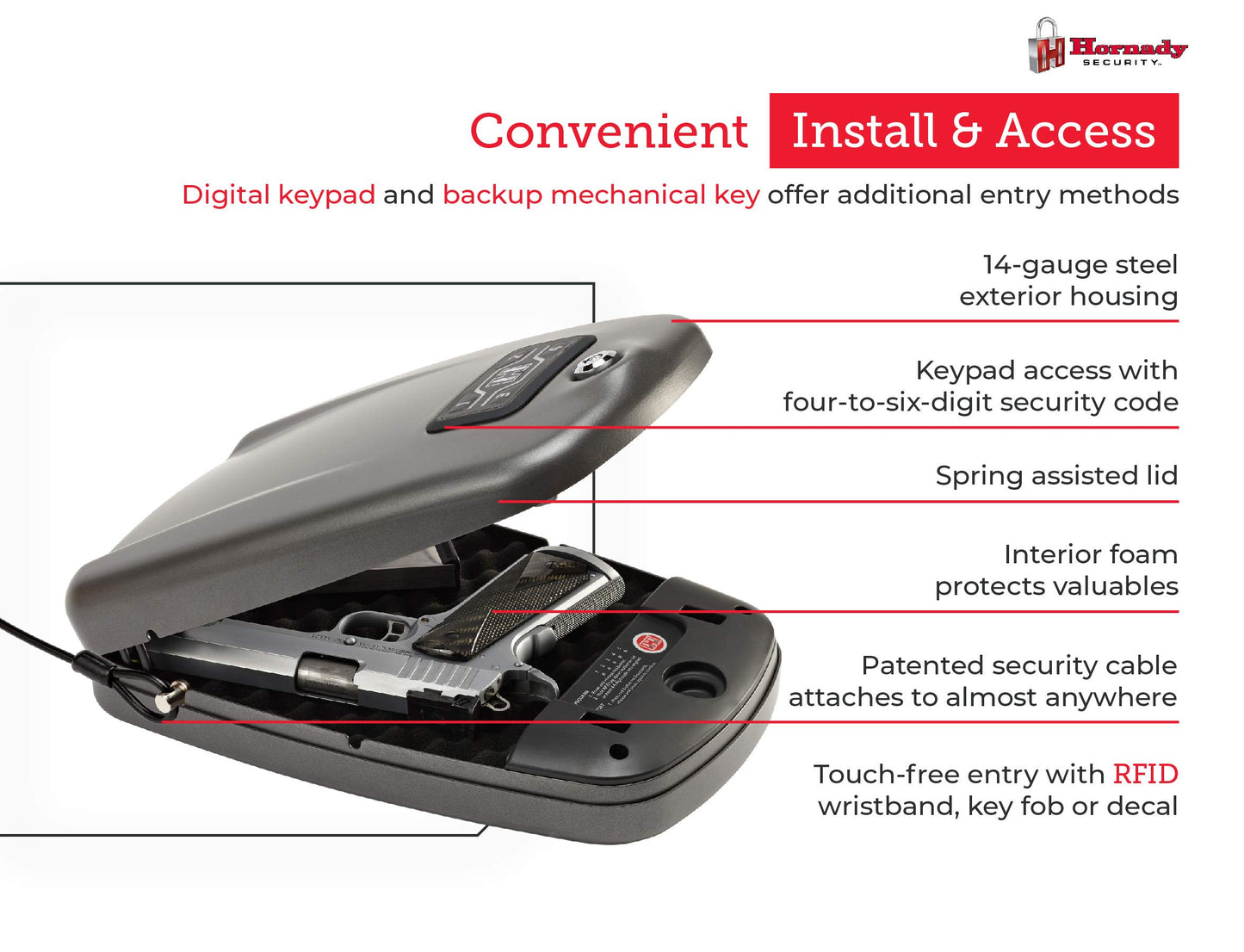 Hornady Rapid Safe 2700KP – Portable Gun Safe for Firearms – RFID Safe for Fast, Multiple Method Entry – Includes Rapid Safe, RFID Wristband, Key Fob, 2 Decals, 2 Barrel Keys and Security Cable