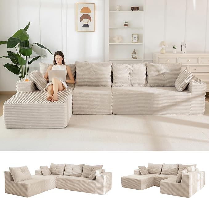 MAXYOYO 132" Oversize Modular Sectional Couch with L-Shape Chaise, Modern Boneless Couch for Living Room, Sofa in A Box, Oversized Sofa Sleeper with Deep Seat, No Assembly Required, Grayish Beige