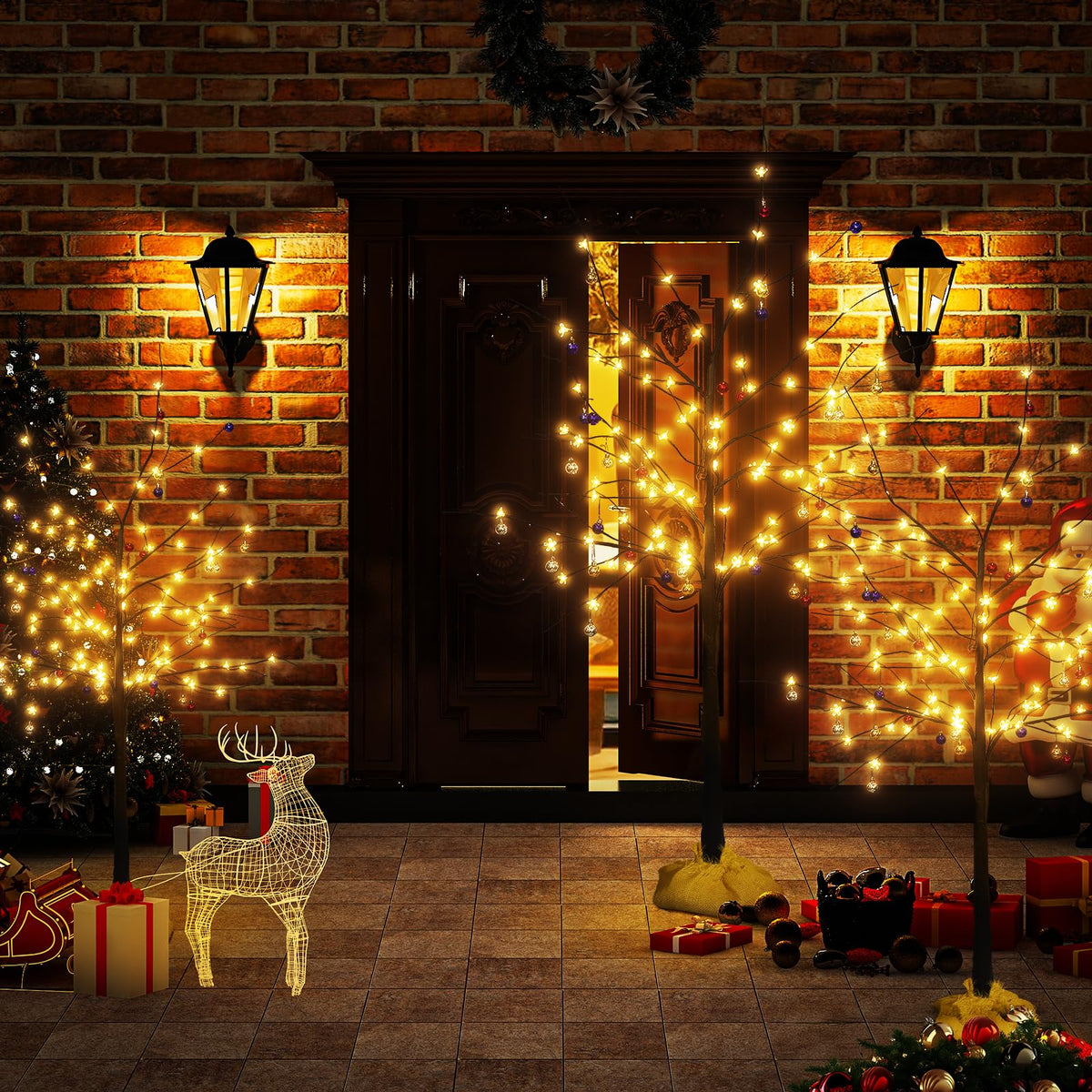 Set of 3 Birch Tree with LED Lights, 4FT 5FT 6FT Prelit Christmas Tree, Lighted Black Artificial Tree for Indoor Outdoor, Thanksgiving Christmas Seasonal Holiday Decoration