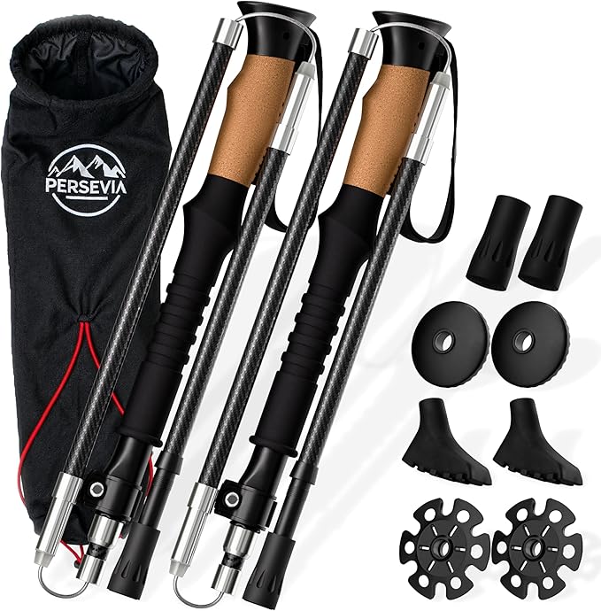 Carbon Fiber Trekking Poles - Ultralight Collapsible Hiking Poles with Cork Grip, Flip Locks, Adjustable Length, All-Terra...