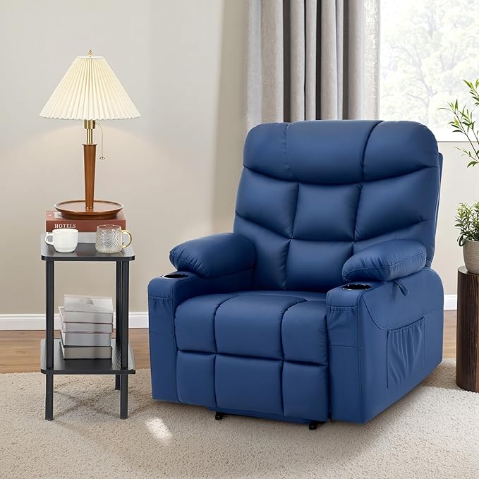 MCombo Oversized Power Lift Recliner Chair with Extended Footrest, Extra Wide 27.2" for Big and Tall Elderly People, Faux Leather R7289 (Navy Blue, Medium-Oversize)