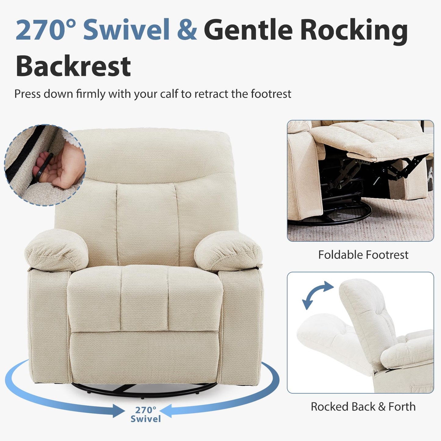 DUMOS Rocker Recliner Chair, Swivel Recliner with Vibration Massage & Lumbar Heating, 270° Rotating Chenille Fabric Recliner with footrest for Living Room & Bedroom, Beige