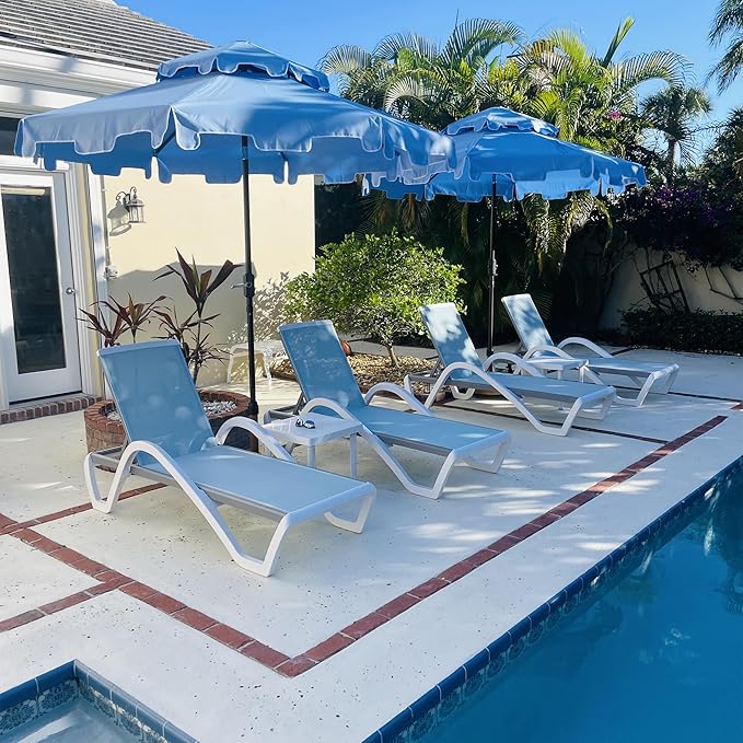 PURPLE LEAF Patio Chaise Lounge Chair Set of 3 Outside Aluminum Plastic Stackable Tanning Chairs with Armrests and Side Table for Pool Sunbathing Beach Deck Outdoor Lounger, Light Blue