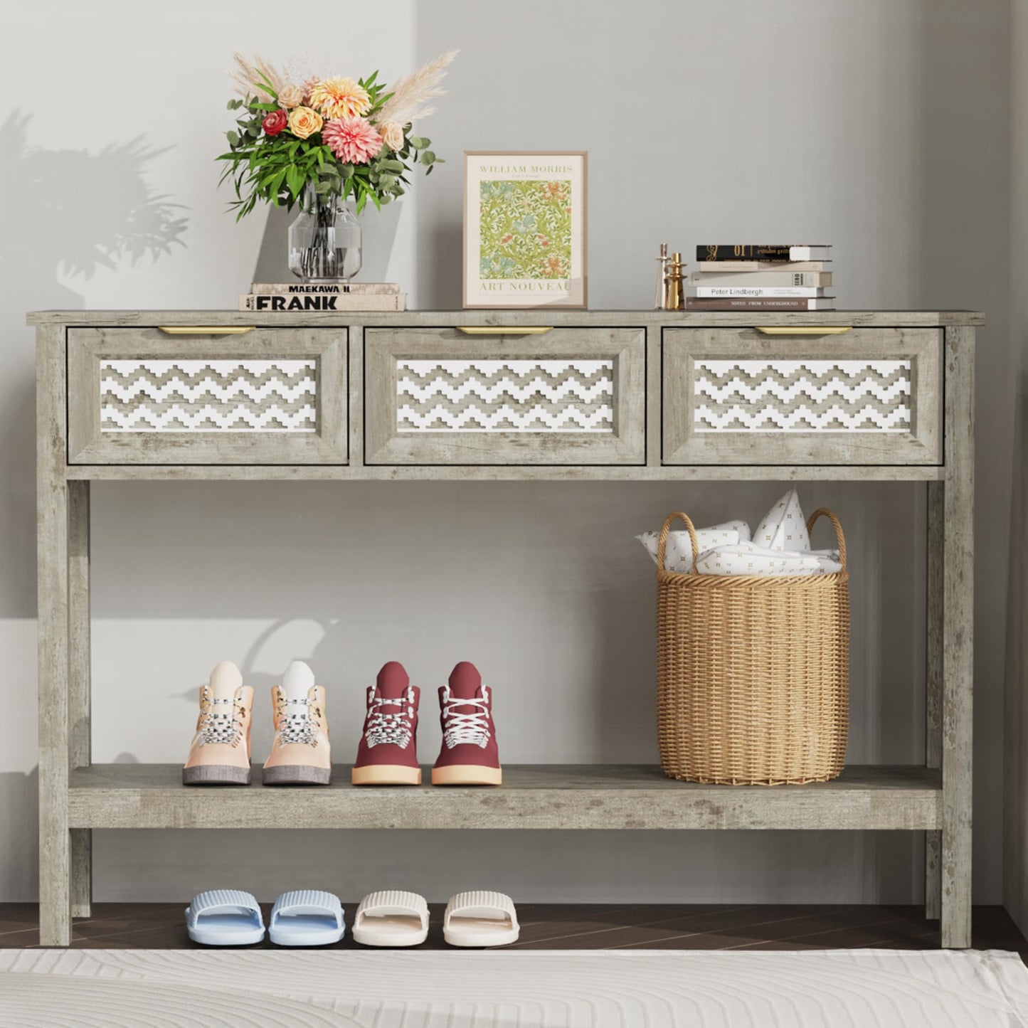 YOCONYO Entryway Table, Rattan Console Table with 3 Storage Drawers and Storage Shelf, Sofa Table with Socket, for Entryway, Living Room, Behind Couch and Hallway (Grey)