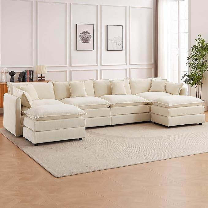 saows Modular Sectional Sofa, 147.2 Inch U Shaped Couch Set with Armrests, 4-Seater Comfy Cloud Couches with Movable Ottoman for Living Room Apartment, Beige