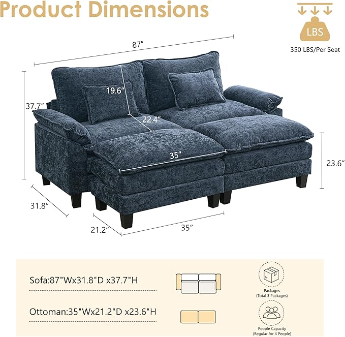 URRED Cloud Couch Modular Sectional Sofa, 87" Modern Loveseat Sofa with 2 Ottomans & Pillows, Ultra Comfy Chenille Couches for Living Room, Bedroom or Apartment, Blue