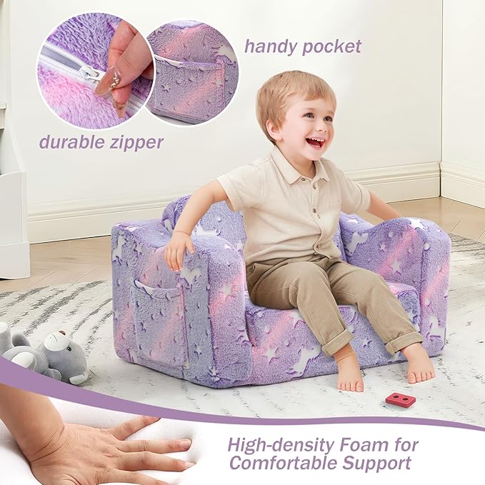MeMoreCool Toddler Chair Comfy 1-3 Years Old, Kids Couch for Playroom, Convertible Glowing Unicorn Flip Out Sofa, Kids Furniture Floor Recliner Chair Bed