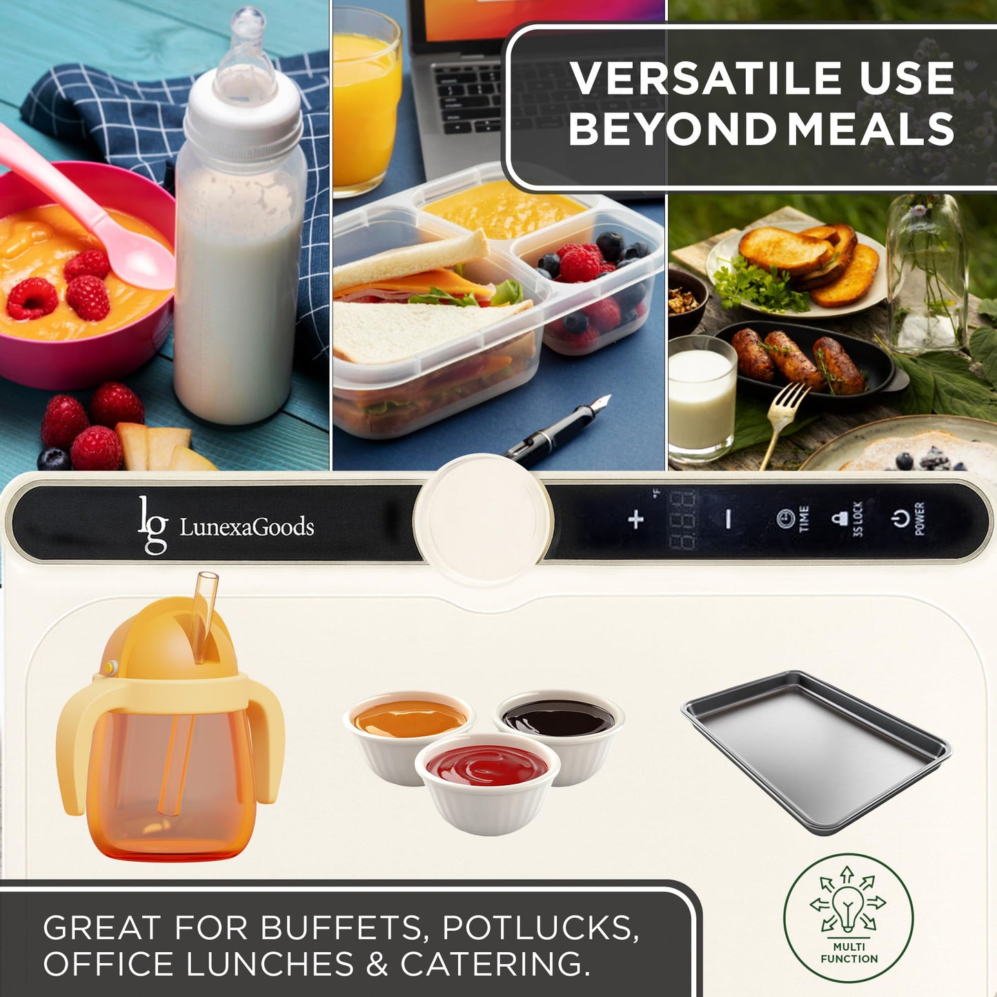 LunexaGoods Food Warming Mat, 9-Temperature Electric Heating Tray with Timer & Safety Lock, Silicone Roll-Up Buffet Warmer for Countertop, Parties, Home & Travel (Dark Grey)