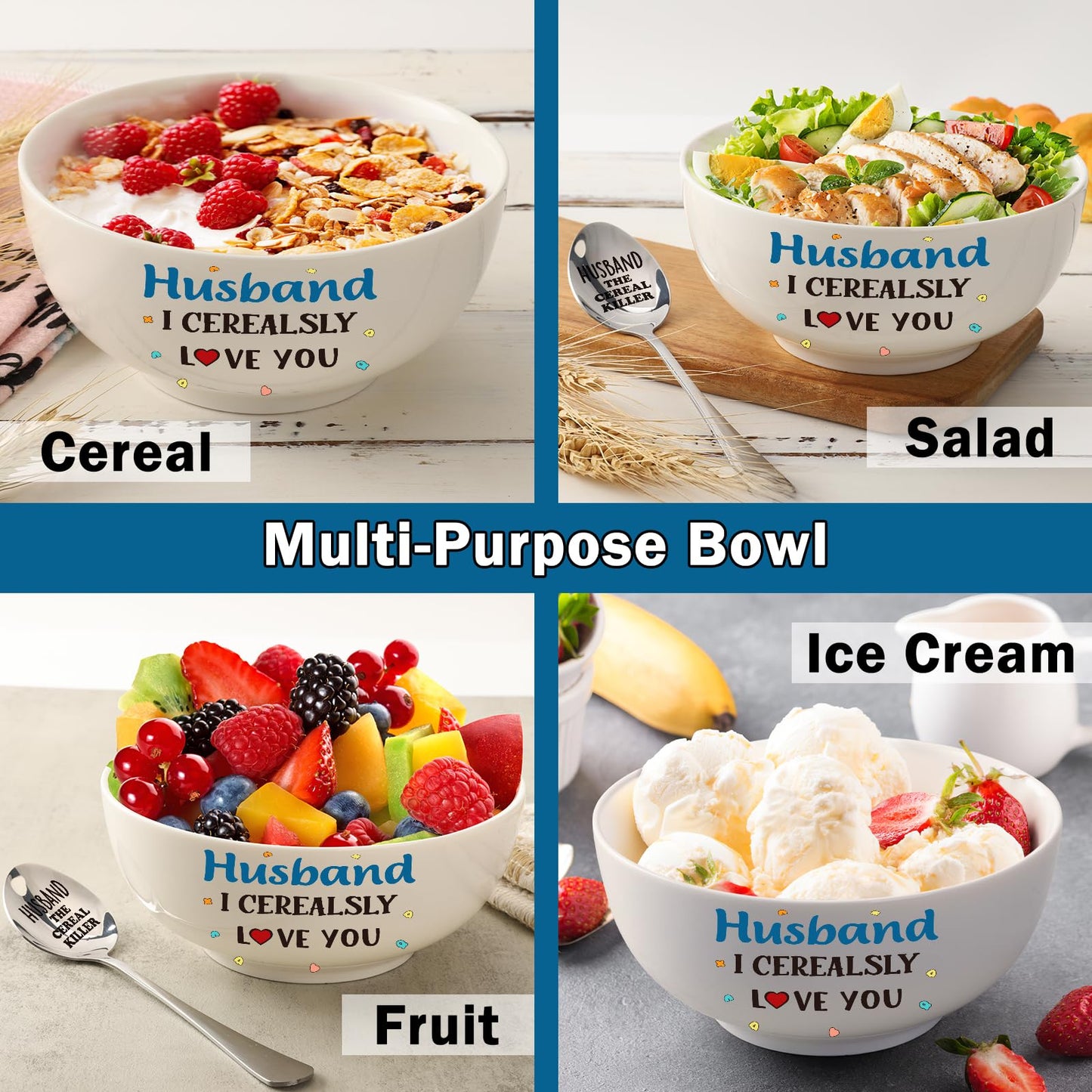 Husband Gifts for Birthday Fathers Day,Best Ever Husband Gifts for Wedding Anniversary from Wife,Funny Cereal Bowl and Cereal Killer Spoon Sets Present for Valentines Day Christmas