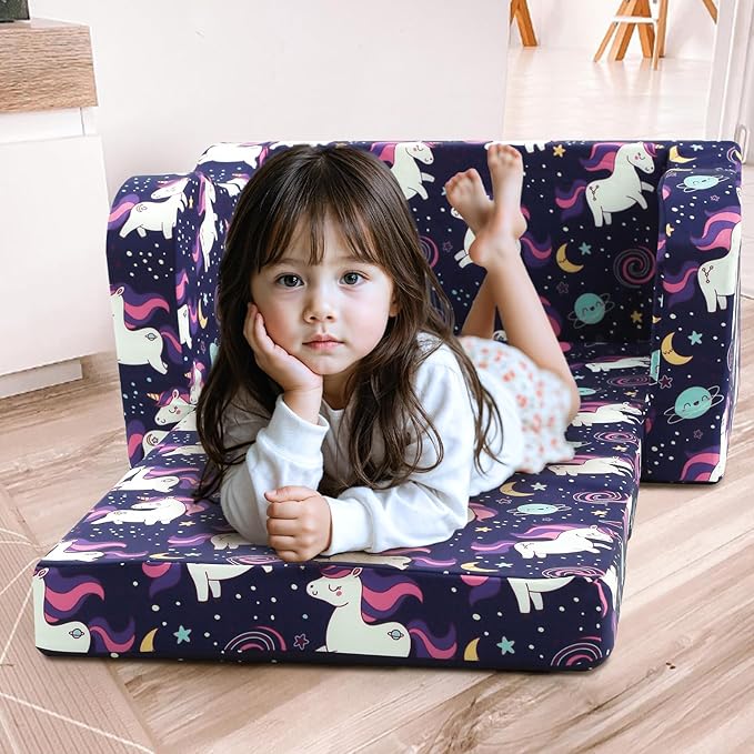 MeMoreCool Kids Folding Couch – Purple Unicorn Toddler Chair, Fold-Out 2-in-1 Sofa Bed Comfy Foam Seating, Washable Cover, Armrests & Side Pocket for Playroom or Nursery Ages 1–3