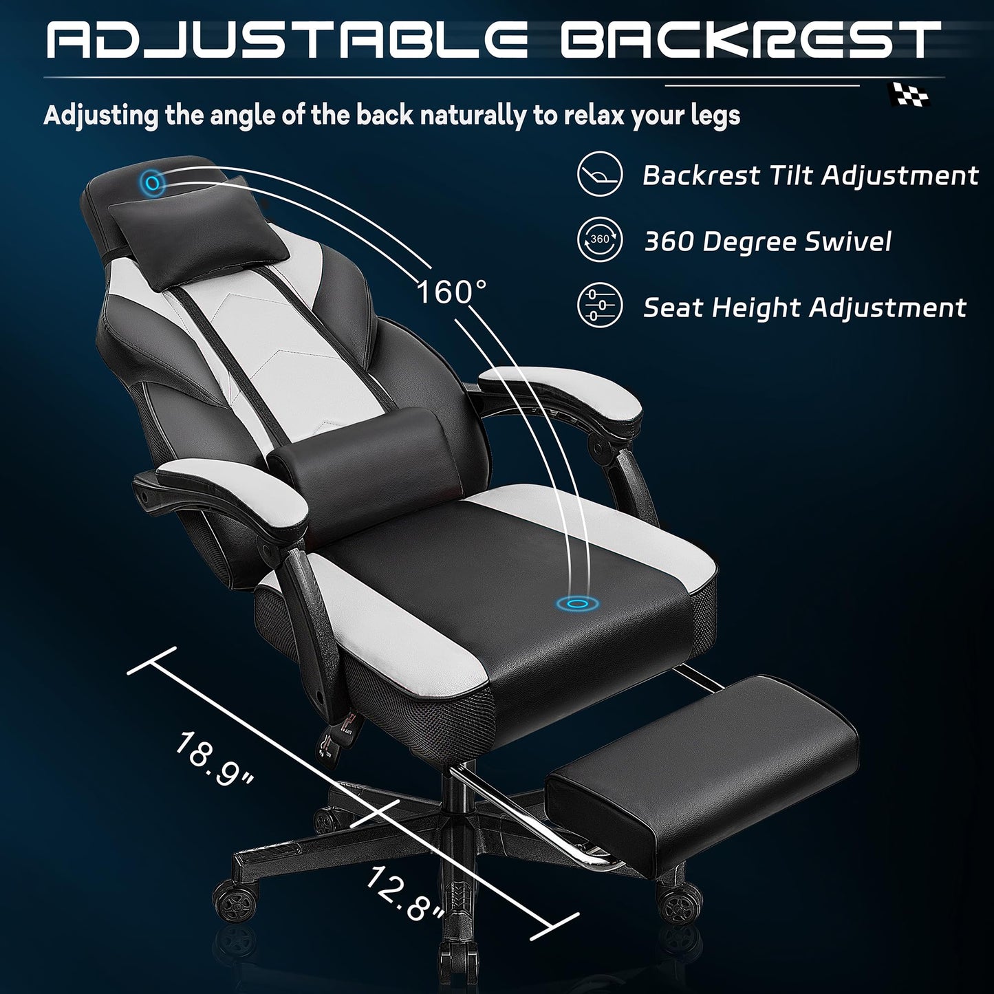 Meilocar Gaming Chair for Adult, Video Game Chair Computer Chairs with Footrest Big and Tall Gaming Chair with Massage Lumbar Support Height Adjustable and 360° Swivel Seat White