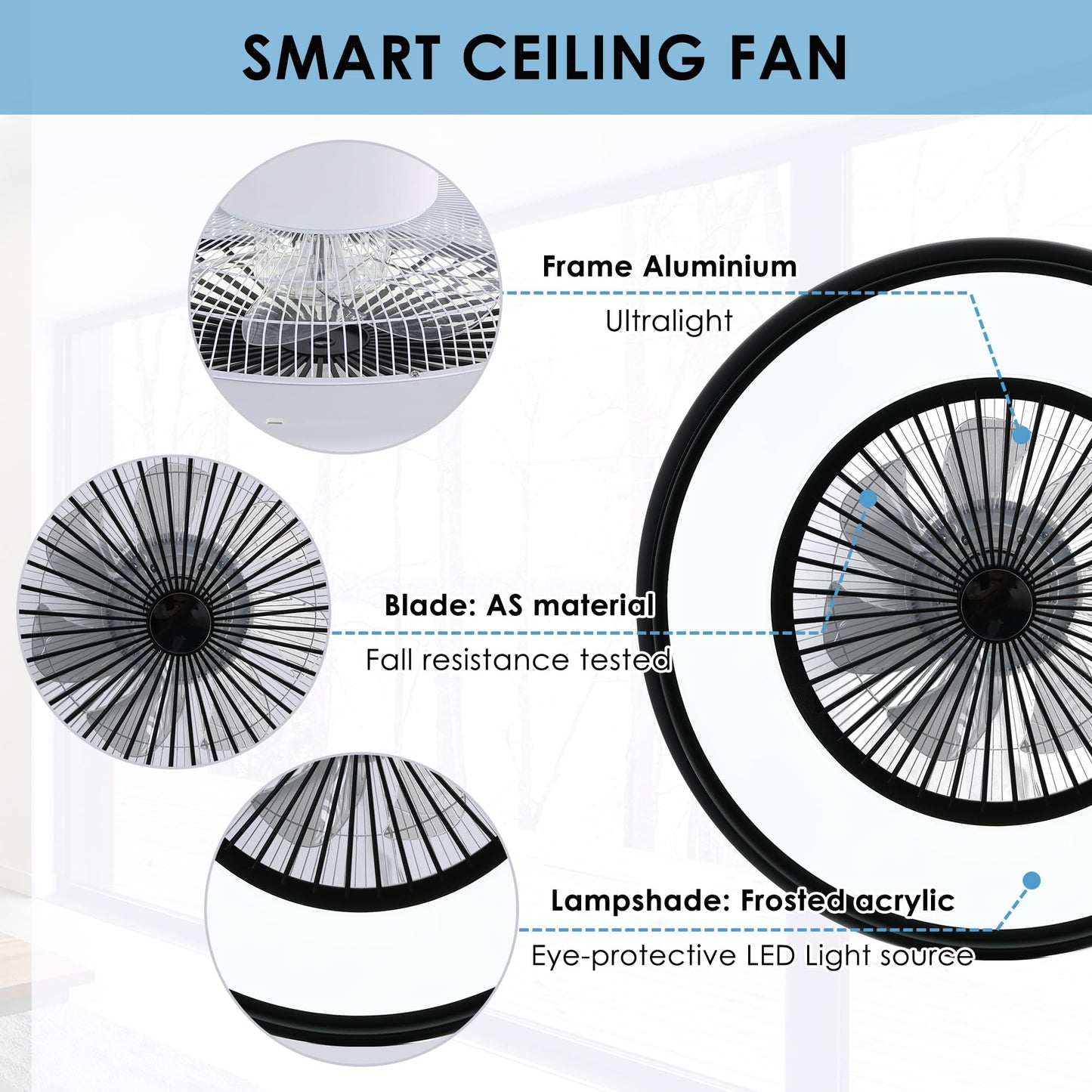 HUMHOLD 24" Bladeless Ceiling Fan with RGB Light Remote, Smart LED Ceiling Fans with Voice/App Control, Modern Low Profile Dimmable Light Ceiling Fan for Bedroom Living Room Black