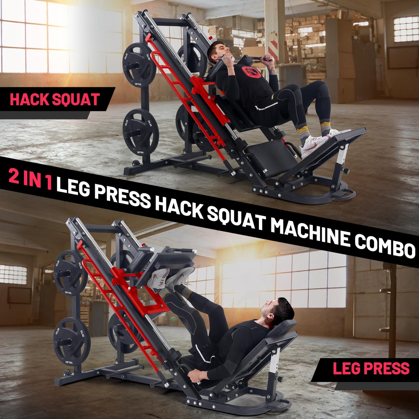Garvee Leg Press Hack Squat Machine, 2 in 1 Leg Press Machine for Home Gym with Linear Bearing, Specialty Hack Squat Machine with Calf Block for Full Lower Body Workout, Red