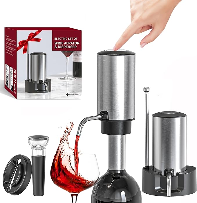 Electric Wine Aerator Wine Decanter Set Rechargeable Automatic Wine Dispenser Wine Pourer with Storage Base, Wine Stopper, Foil Cutter, Retractable Food Grade Stainless Steel Straw