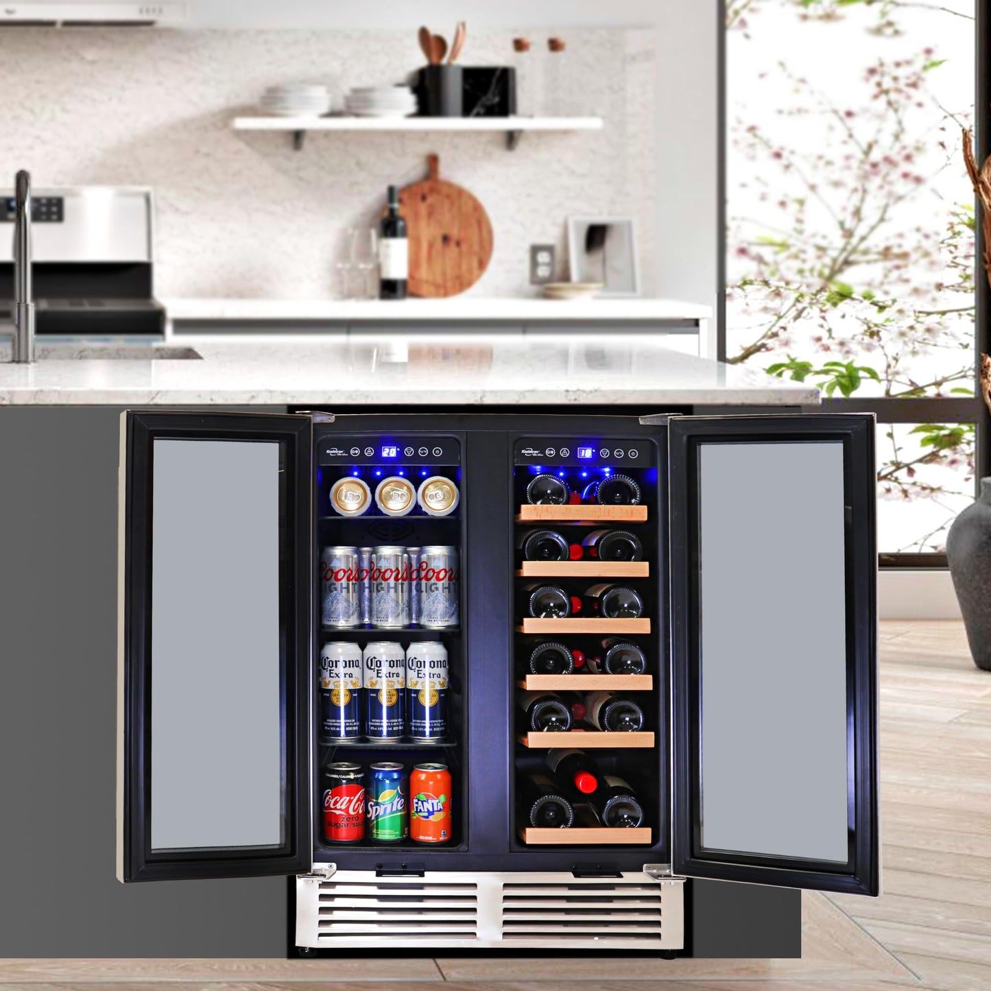 Koolatron Dual Zone Wine Fridge and Wine Cooler, 56 cans & 18 bottles (24 Inch), Built-In or Freestanding Compressor Under Counter Wine Refrigerator, Independent Temperature Control with French Doors