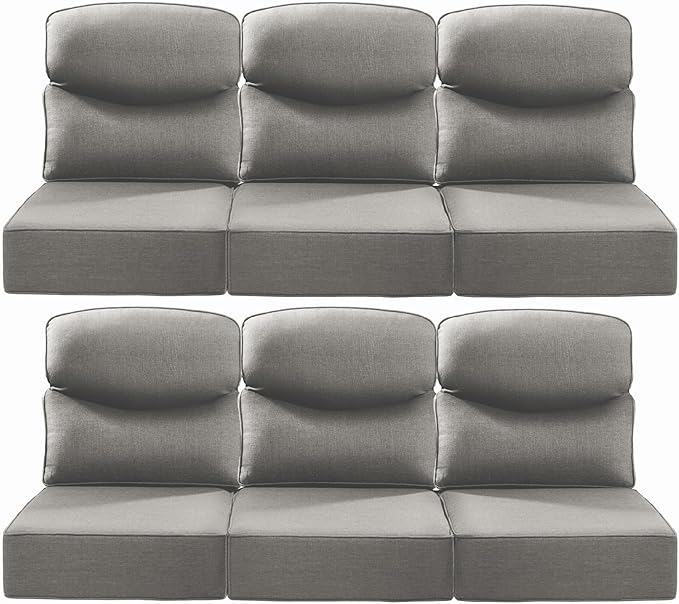ACTREST Luxury 22x24/22x25 6-Inch Smile Patio Cushions for Outdoor Furniture Set of 6 - Thick Back & Deep Seat Outside Chair Cushions for Rattan Metal Glider Loveseat Sectional Sofa - Grey