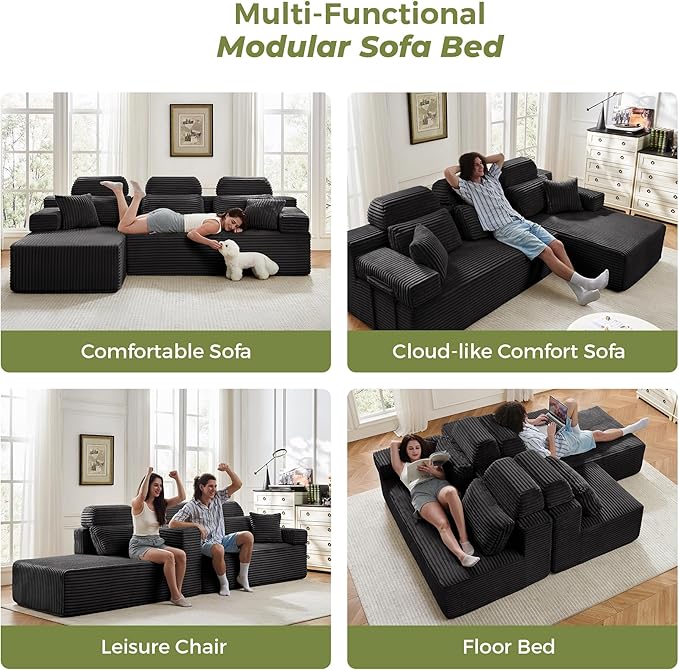104" L-Shaped Cloud Modular Sectional Sofa with Chaise & Headrest, Boneless Deep Seat Plush Corduroy Couches for Large Living Room, No Assembly Required (Black, 104" L-shapred Chaise)