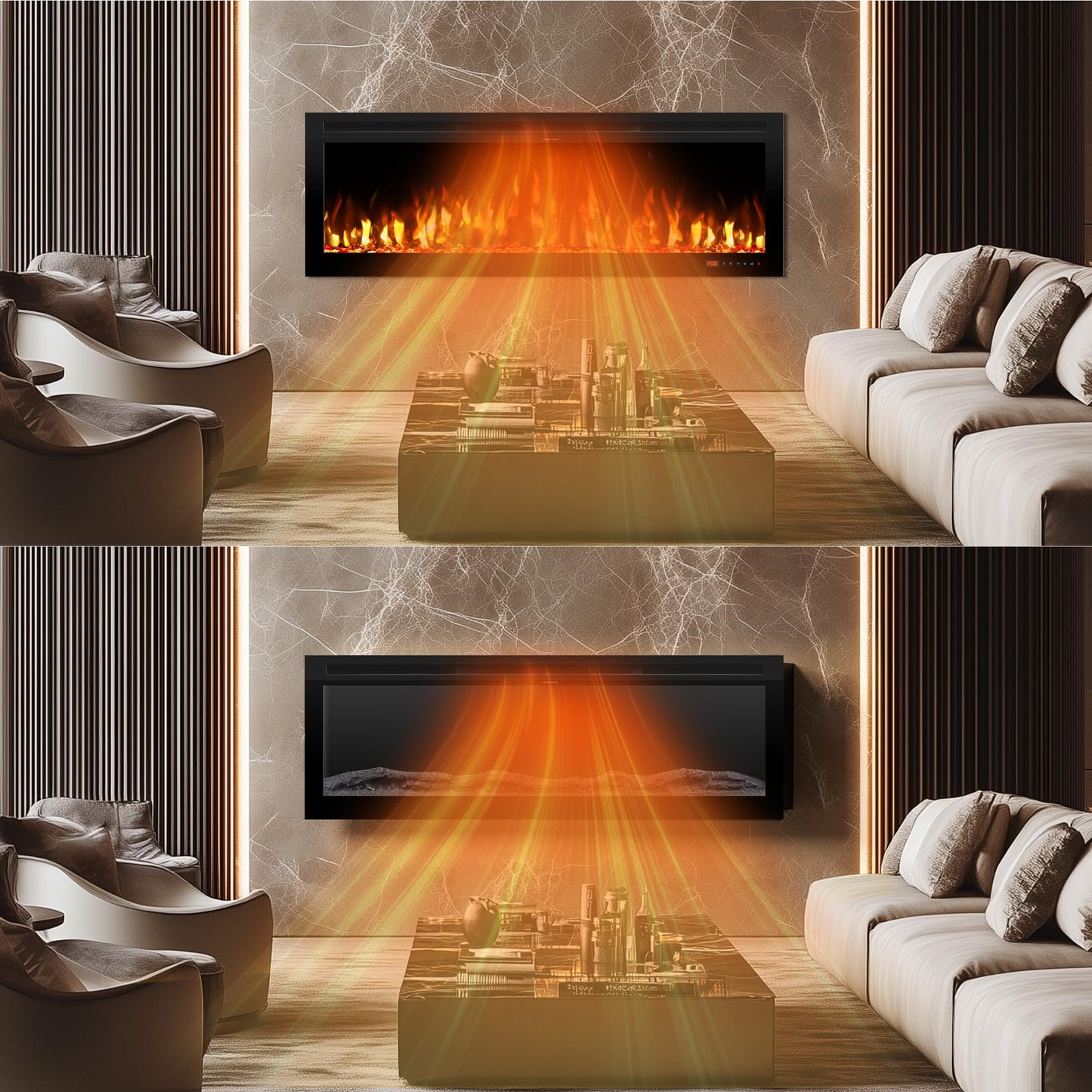 Kentsky 74" Electric Fireplace, Wall Mounted & Insert Electric Fireplace, W/Mixed Color Flame, Adjustable Brightness & Speed, 0-8H Timer, Thermostat, 750w/1500w, Balck