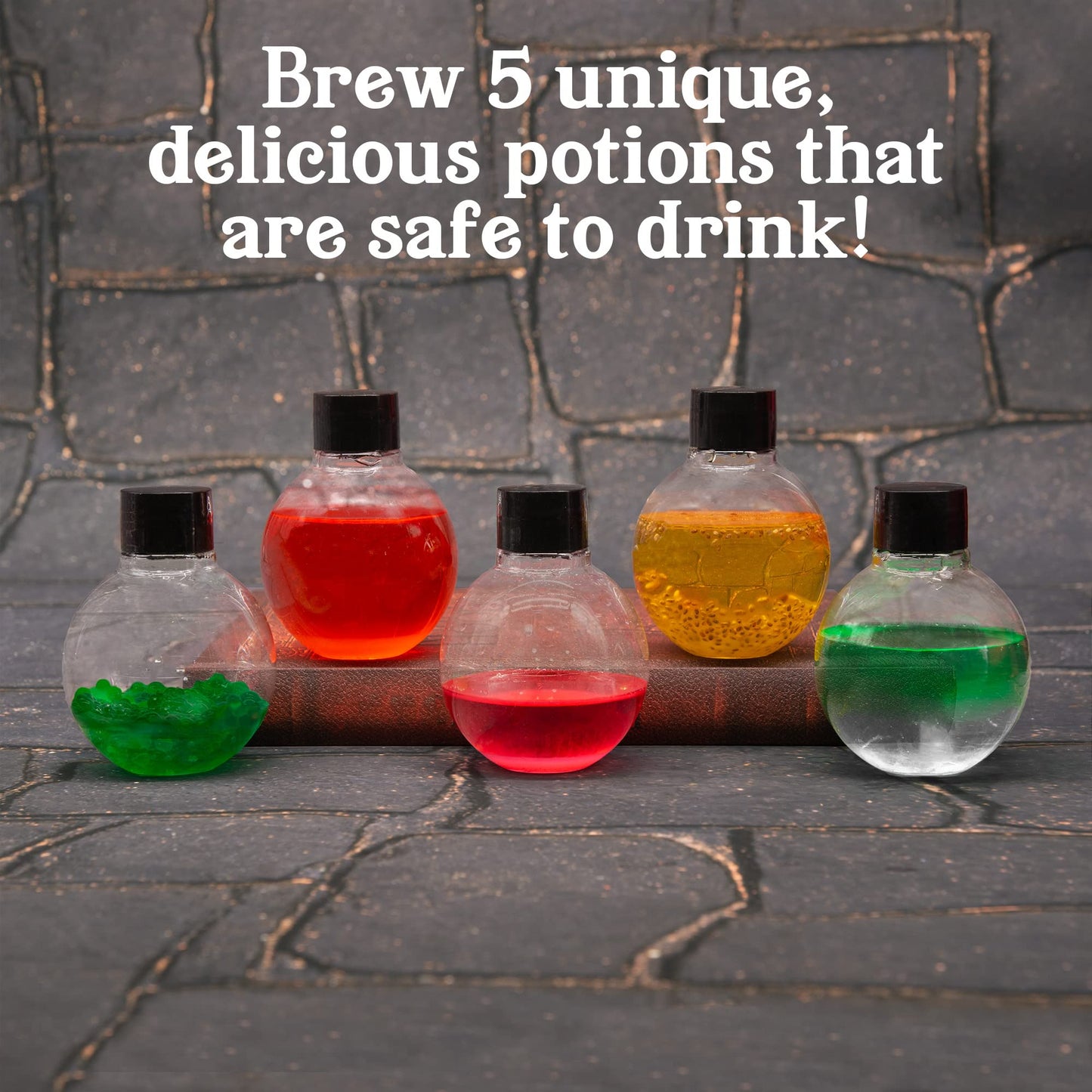 Tasty Labs Wizard Potion Science Kit - Make 5 Magical Potions, Chemistry Experiments Safe to Drink, Includes Cauldron & Wand - Study Reactions, Polymers & More