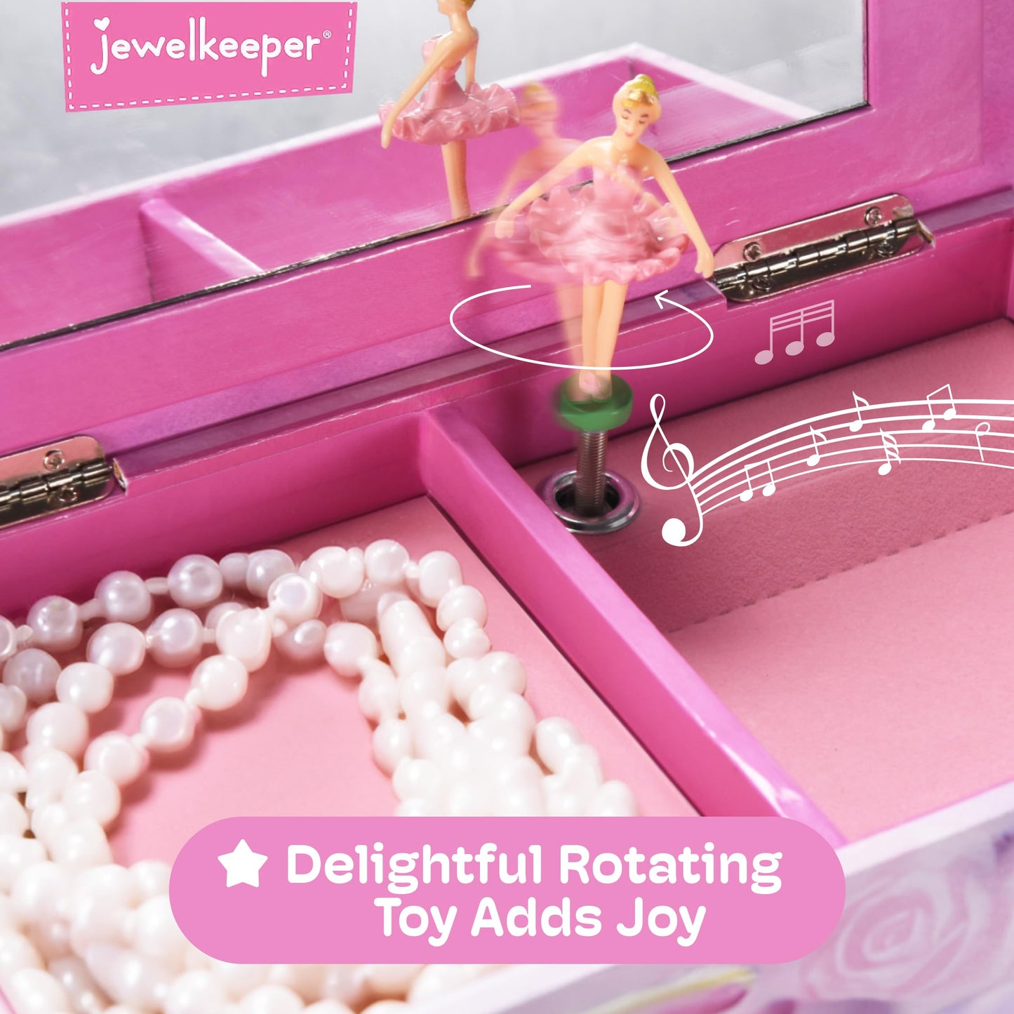 Jewelkeeper Pink and Purple Ballerina 3 Drawers Jewelry Box for Girls - Little Girl's Wooden Jewelry Box with Necklace Carousel - for Kids or Teen Necklaces and Accessories