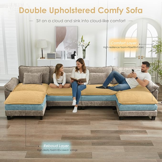 URRED Cloud Couch Modular Sectional Sofa, 157" Modern U Shaped Deep Seat Sofa with 2 Ottomans & Pillows, Ultra Comfy Chenille Couches for Living Room, Bedroom or Apartment, Khaki