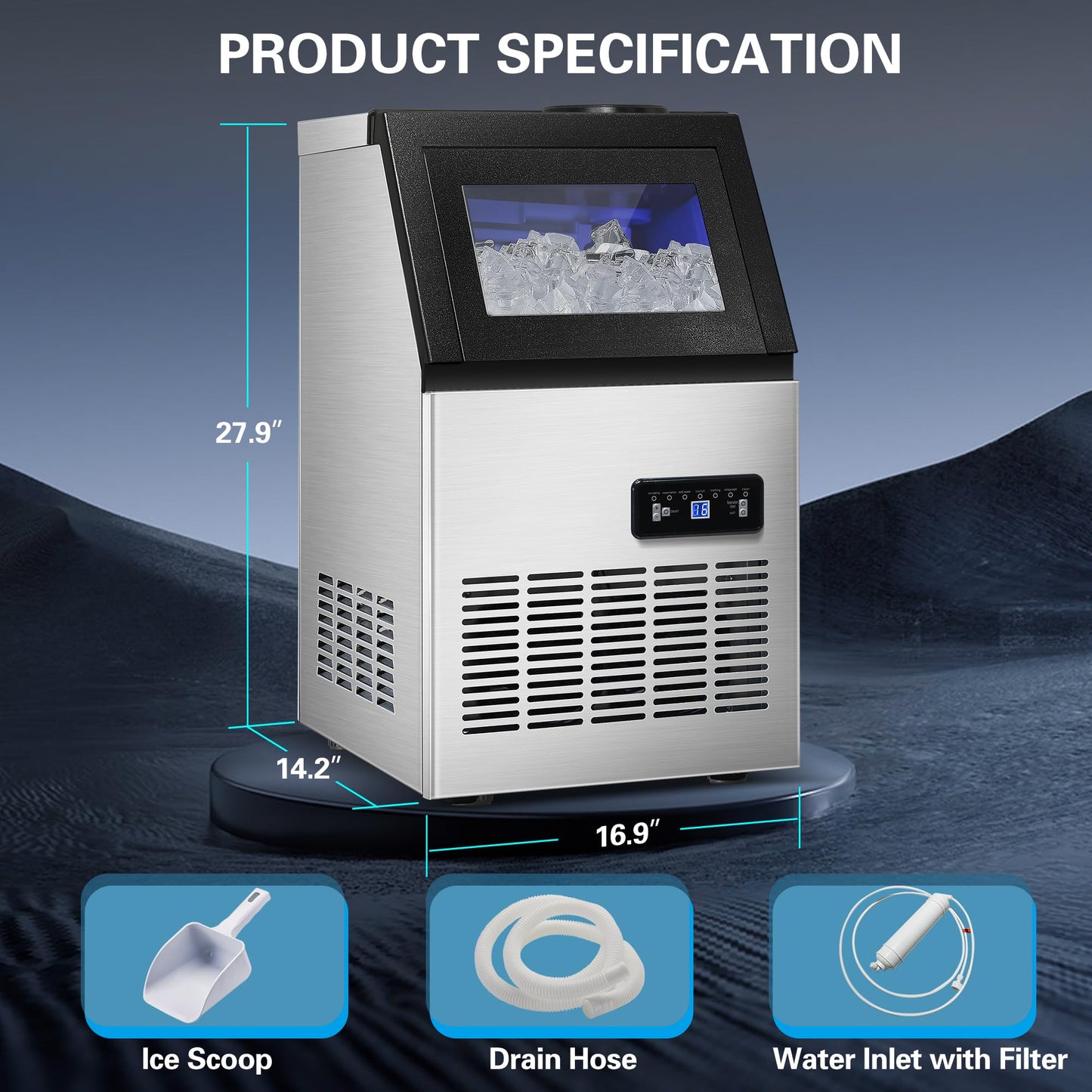 Zomagas 120LBS/24H Commercial Ice Maker Machine, Freestanding Stainless Steel with Adjustable Ice Thickness & LCD Control,40 Cubes/Cycle,Self-Cleaning,Quiet Operation for Home,Restaurant,Bar