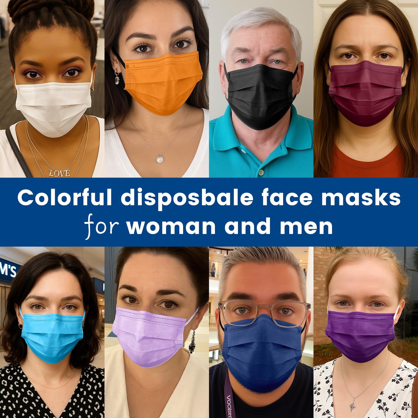 Disposable Face Mask for Adults - 4 Ply Protection, Individually Wrapped 50 Pack, 10 Colors, Breathable Comfortable & Safe