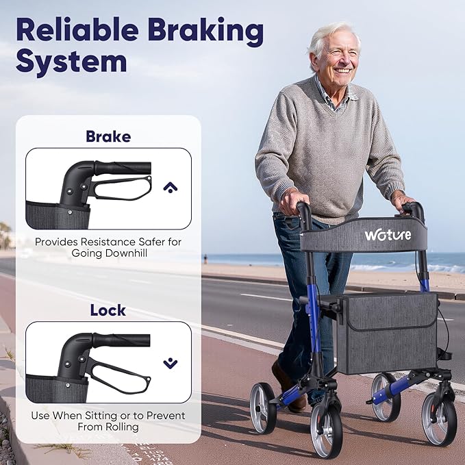 WOTURE Walkers for Seniors, Foldable Rollator Walker with Seat, Height Adjustable, 8'' All Terrain Big Wheels, Lightweight Mobility Aid with Hand Brake & Storage Bag, Blue