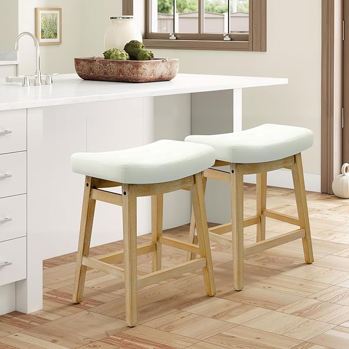 RNKSFX Counter Height Bar Stool for Kitchen Island Modern Barstool with Upholstered Faux Leather Backless Seat and Solid Wood Legs, 24 inch Farmhouse Bar Chair, White