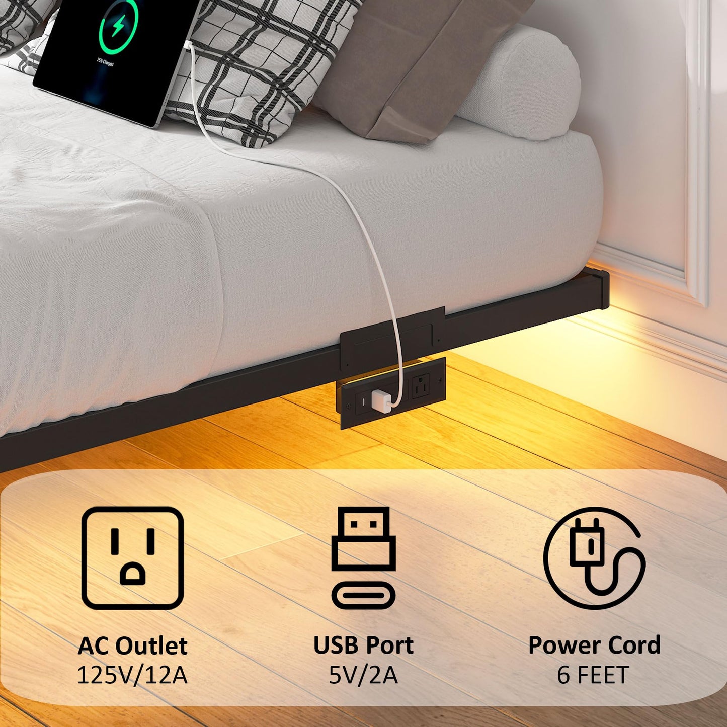 YORMDMO Floating Bed Frame Queen Size, Heavy Duty Bedframe with Smart LED Lights & Charging Station, Modern Metal Platform Bed, Easy Assembly No Box Spring Needed, 8 Inch