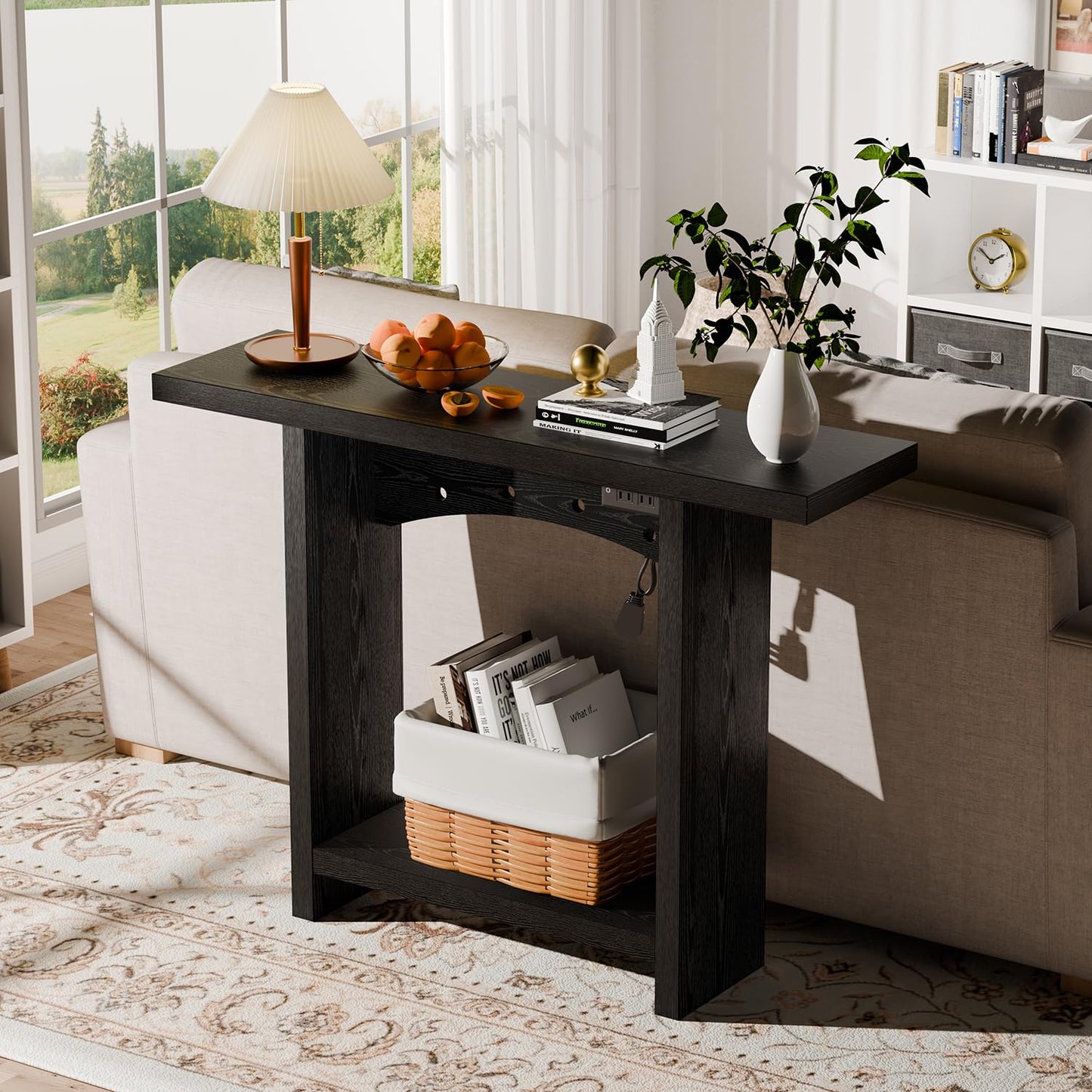 REDAYFUR 43" Console Table with Charging Station, Entryway Table 2-Tier Storage & Power Outlets or Hallway & Living Room, Perfect as Sofa Table Behind Couch, Sturdy Thickened Board & Anti-Tip