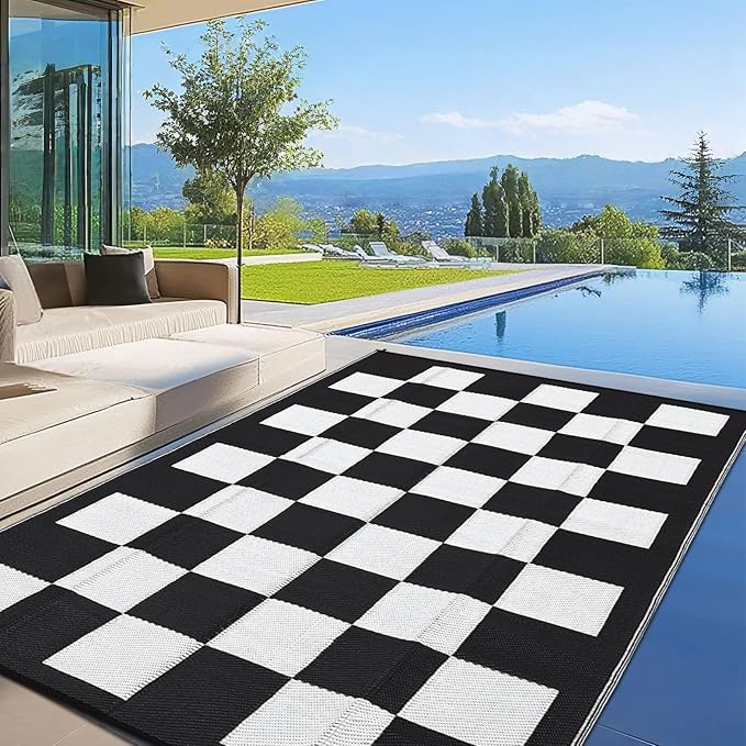 GarveeLife Waterproof Outdoor Rug 9x12 Modern Checkered Reversible Outdoor Mat Lightweight Plastic Straw Rug UV Resistant ...