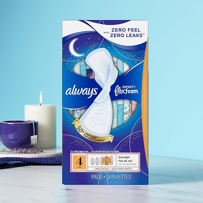 Always Infinity Feminine Pads for Women, Flexfoam Pads with Wings, Size 4, Overnight Absorbency, Unscented, 78 Count (3 Packs of 26)