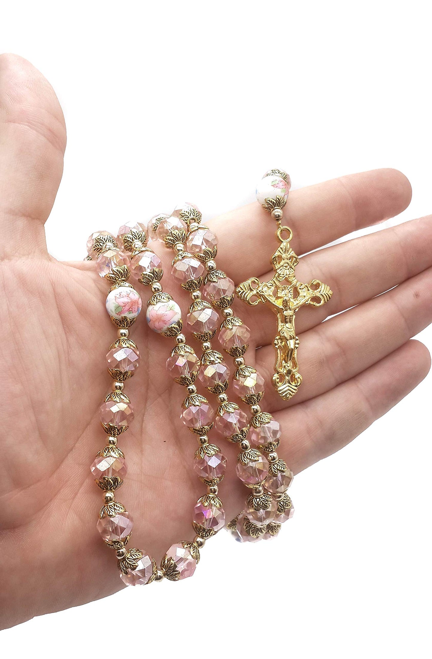 Nazareth Store Catholic Pink Crystal Beads Gold Rosary Flowers Beaded Necklace Holy Mary Heart Locket Medal & Cross Religious Am