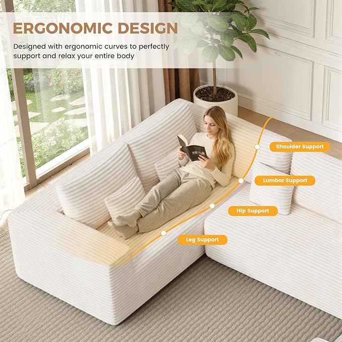 136'' Large Sectional Cloud Couches with Chaise, U Shaped Boneless Loveseat Sofa, No Assembly Required Deep Seat Modular Lounge for Living Room 3PCS Set, Bedroom(Beige)