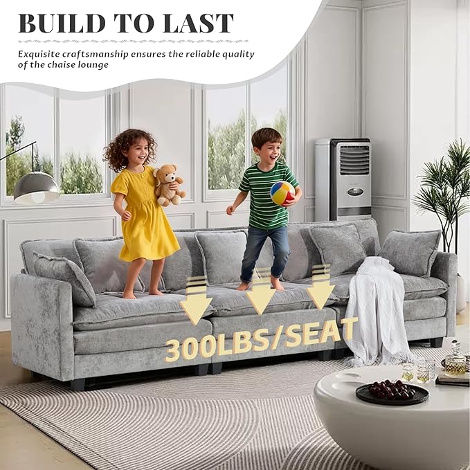 SoarFlash 113.78" Chenille Sectional Sofa, Comfy Modular Loveseat Sofa, Modern 3-Seat Couch Deep Seat Sofa Set for Living Room,Grey