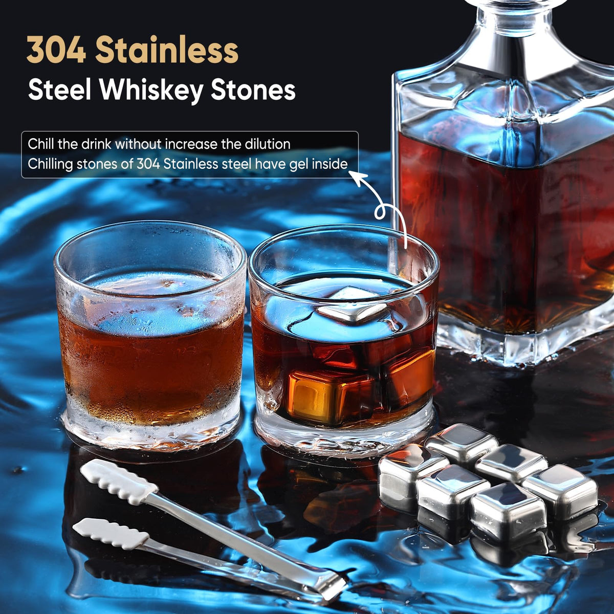 LUSKEYCOR Whiskey Decanter Set with Wooden Box Artistic 25.4 oz Decanter + 2x10 oz Glasses | 304 Stainless Steel Whiskey Stones, Slate Coasters, Tongs & Pouch | Gift for Men, Husband, Dad, Weddings