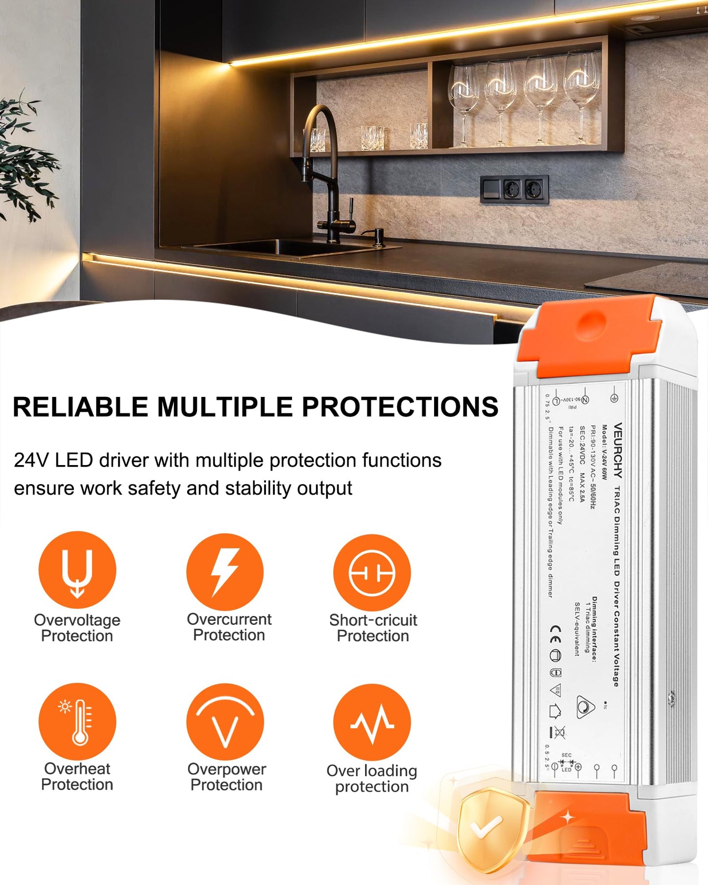 VEURCHY 24V 60W Dimmable LED Driver,120V to DC 24V LED Lighting Low Voltage Transformers, Smooth Flicker Free Dimming 60 Watt LEDs Power Supply 24 Volt, 2 Pack