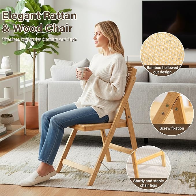 Furlide Rattan Folding Chair, Modern Mid Century Dining Chair Set of 1, Outdoor Bamboo Chairs for Bedroom Living Room Reading Room Dining Kitchen, Wood