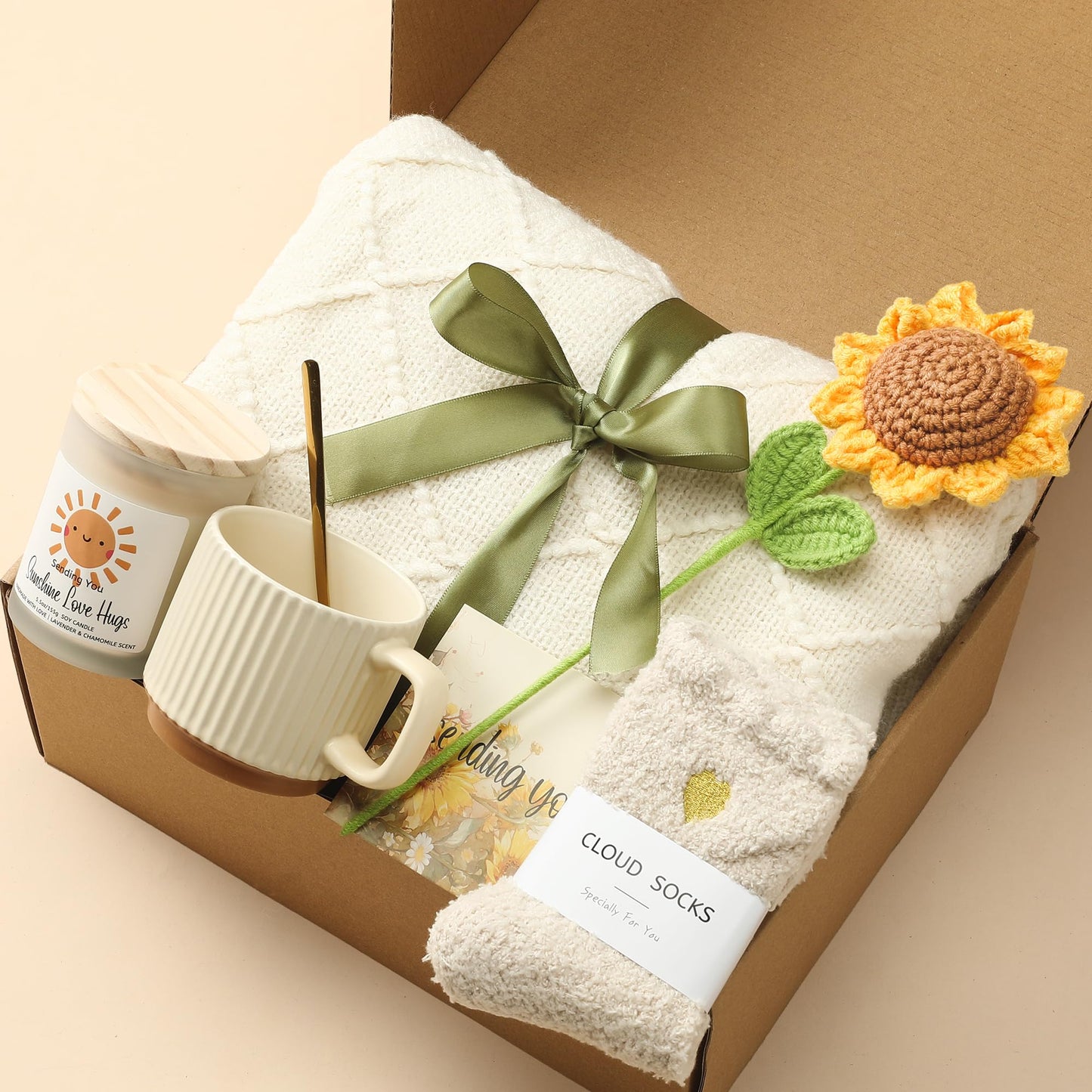 Self Care Gifts for Women - Luxury Package with 50"x70" Cozy Knitted Blanket, Fuzzy Socks, Soy Candle, Sunflower Decor | Birthday, Thinking of You, Get Well Gifts | Mom, Girlfriend, Best Friend