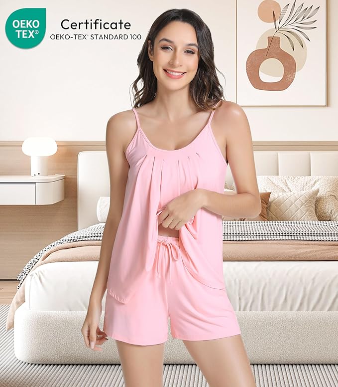 NACHILA Pajamas for Women-Viscose from Bamboo, Ribbed Racerback Tank Top Sexy Split Shorts Pajama Sets Cooling Sleep Cami Pjs