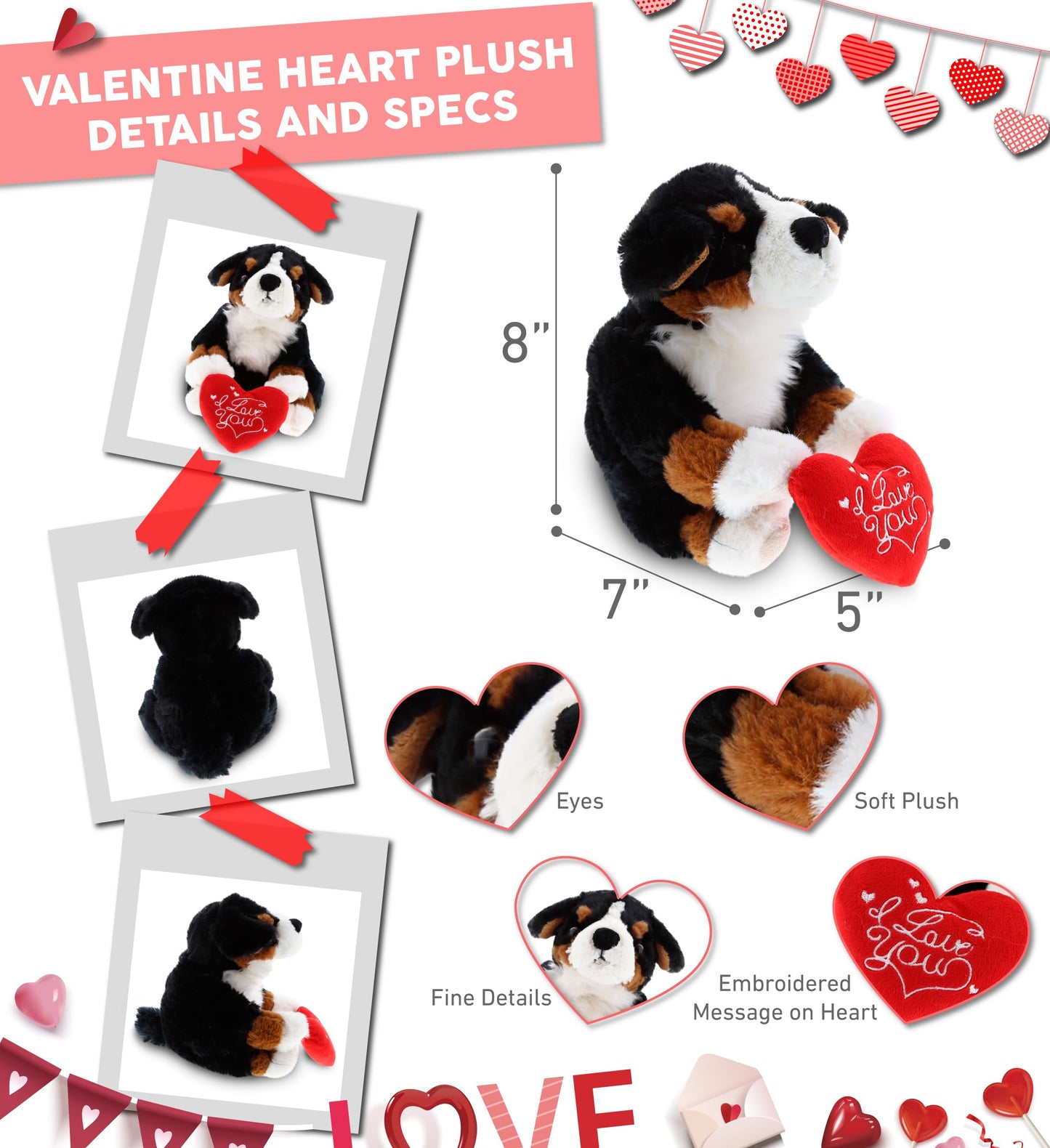 DolliBu I Love You Valentine Plush Bernese Dog - Cute Stuffed Animal with Red Heart and Name Personalization Gift for Valentines Day, Birthday, Anniversary, Romantic Date - 7 Inches