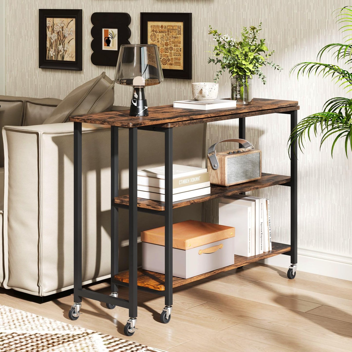 Giantex 360° Free Rotating Sofa Side Table, Patented Mobile End Table with 2-Tier Storage Shelves, Movable Laptop Table w/ 6 Universal Casters, Couch Table Snack Table for Home Office, Large