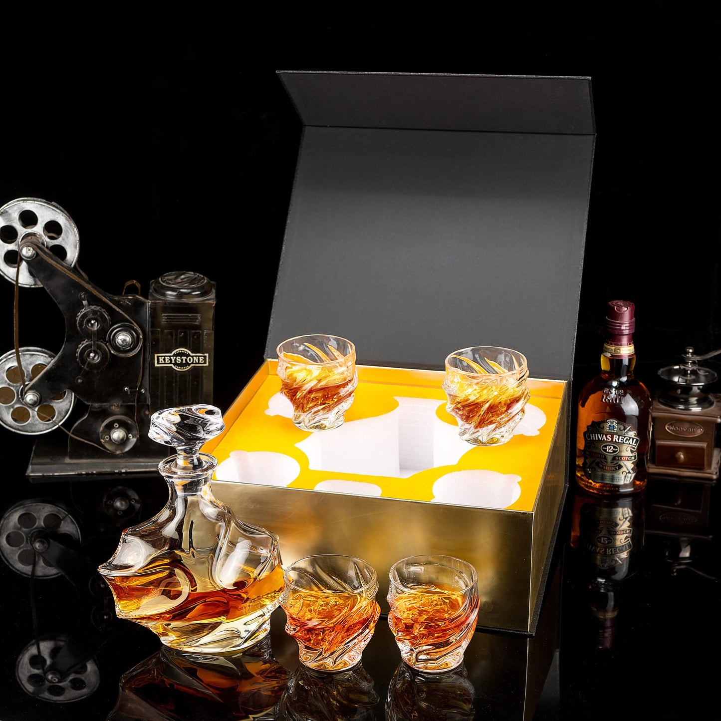 KANARS Whiskey Decanter Set - 25 Oz Crystal Liquor Decanter Carafe with 4 Rock Glasses 9 Oz For Bourbon, Scotch, Vodka, Rum or Whisky - Gift for Men Dad Husband Brother Adult Groomsmen - 5 Piece