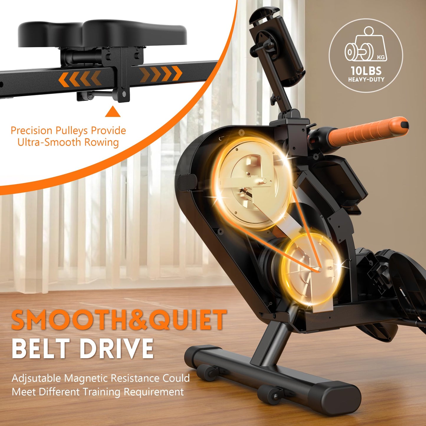 pooboo Rowing Machine, Max 350 LBS Magnetic Rower with LCD Monitor, Tablet Holder, Upgraded Rowing Machines for Home use (Orange)