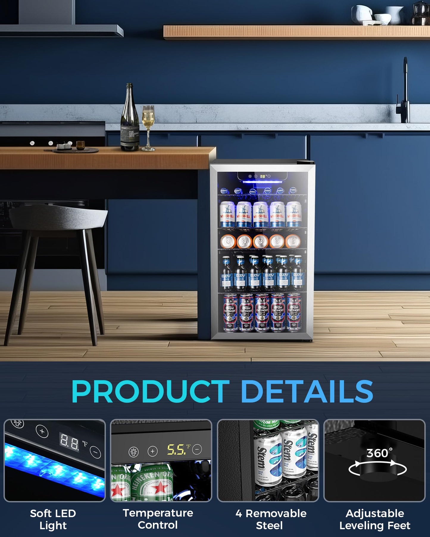 Electactic Mini Fridge 130 Can Beverage Refrigerator Cooler, 3.1 Cu.Ft Drink Fridge Silver Glass Door for Soda Wine Beer, Digital Temperature Control Cooler for Home,Bar