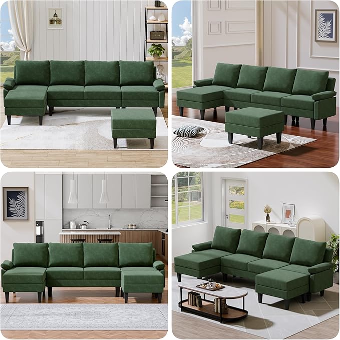 Topcomfy U-Shaped Sectional Couches for Living Room, Convertible 4 Seat Modular Sectional Sofa Set with Ottoman, Modern L Shaped Couch with Chaise for Bedroom Apartment and Office, Chenille Green