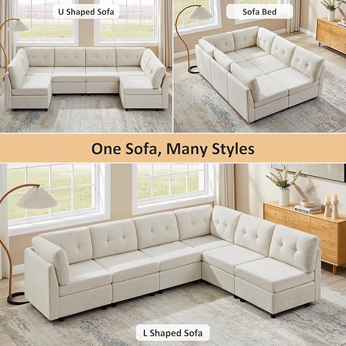 VANOMi 6 Seater Sectional Couches for Living Room, 118" Convertible Modular Cloud Sofa, Comfy Chenille Sofas & Couches for Living Room, Apartment, Office, White, L/U Shaped