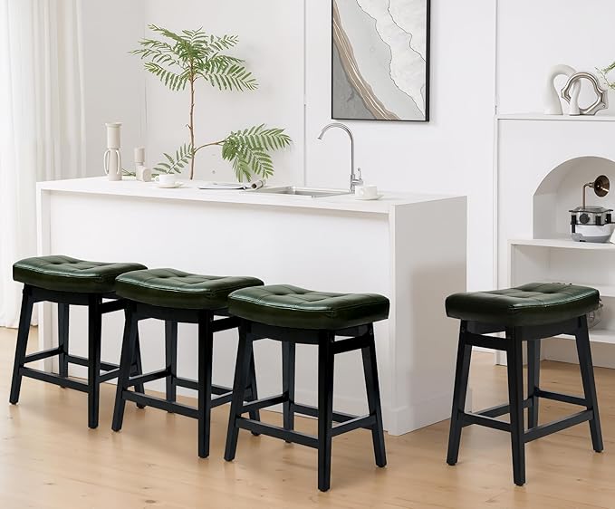 RNKSFX Counter Height Bar Stools Set of 3 for Kitchen Counter Farmhouse Modern Barstools with Faux Leather Upholstered Backless Seat and Solid Wood Legs 24 inch Bar Chairs, Green + Black